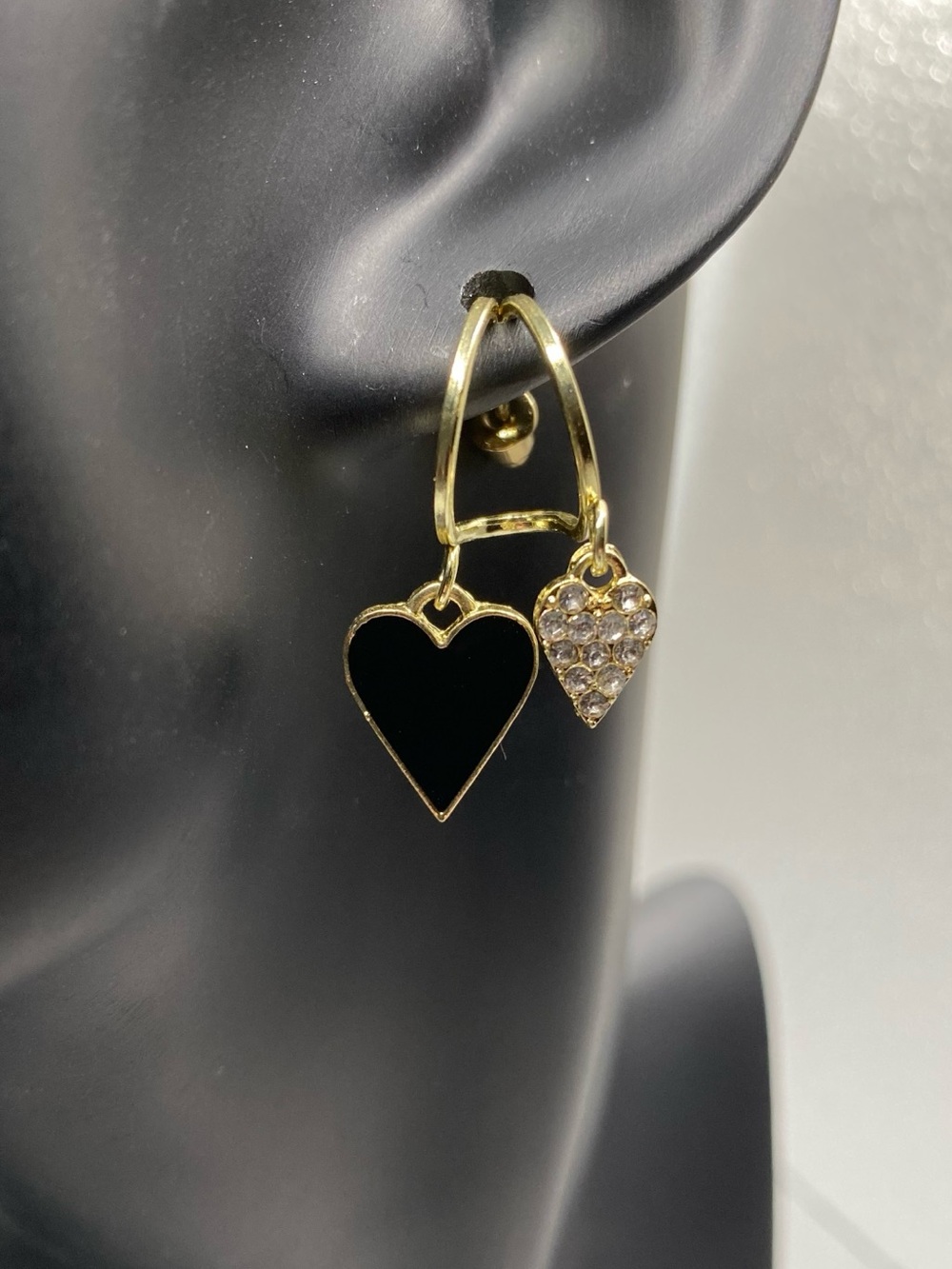Gold Heart Drop Earrings with Black Enamel and Crystal Accent